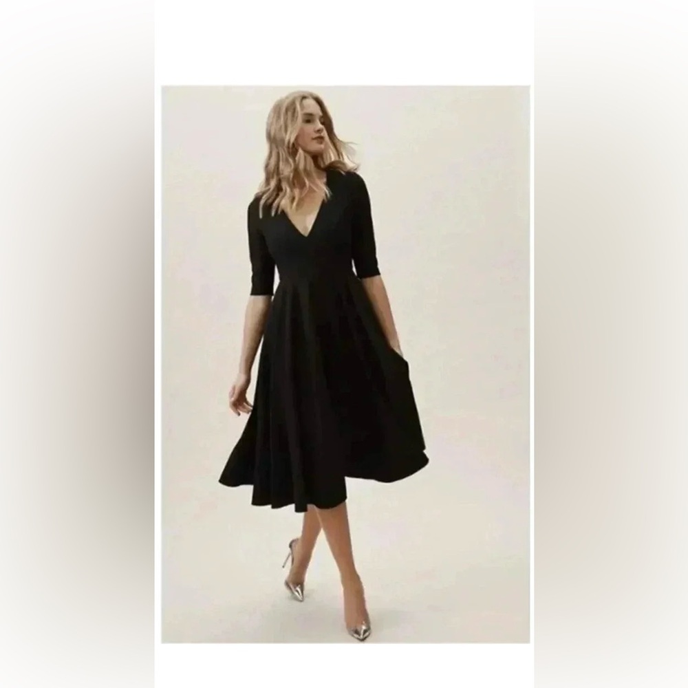 BHLDN Anthropologie Valdis black midi dress, V-neck and 3/4 sleeves, size 14.
